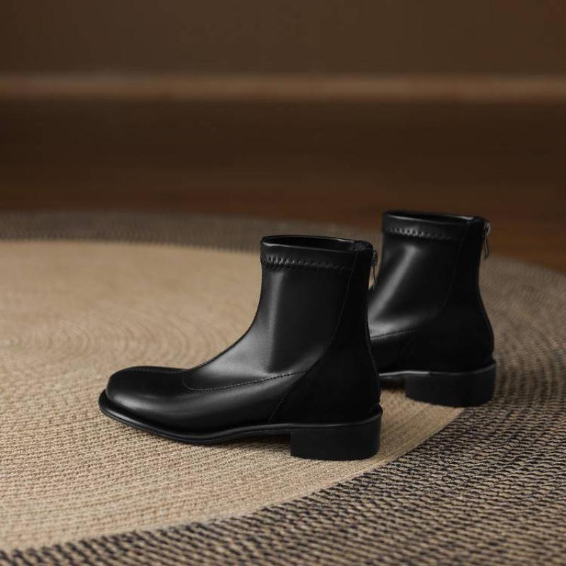 

Korean version of low-heeled large-size women s Martin boots solid color rear zipper comfortable rubber sole square heel women s boots autumn and 39