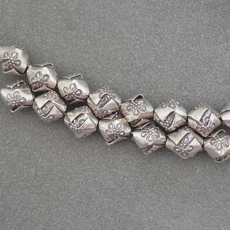 Thai Handmade Sterling Silver Rhombus Bead Bracelet - Retro Carved Patchwork Design for DIY Beading Accessories