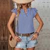 Chic Women's Striped V Neck Ruffle Blouse Short Sleeve Summer Tops