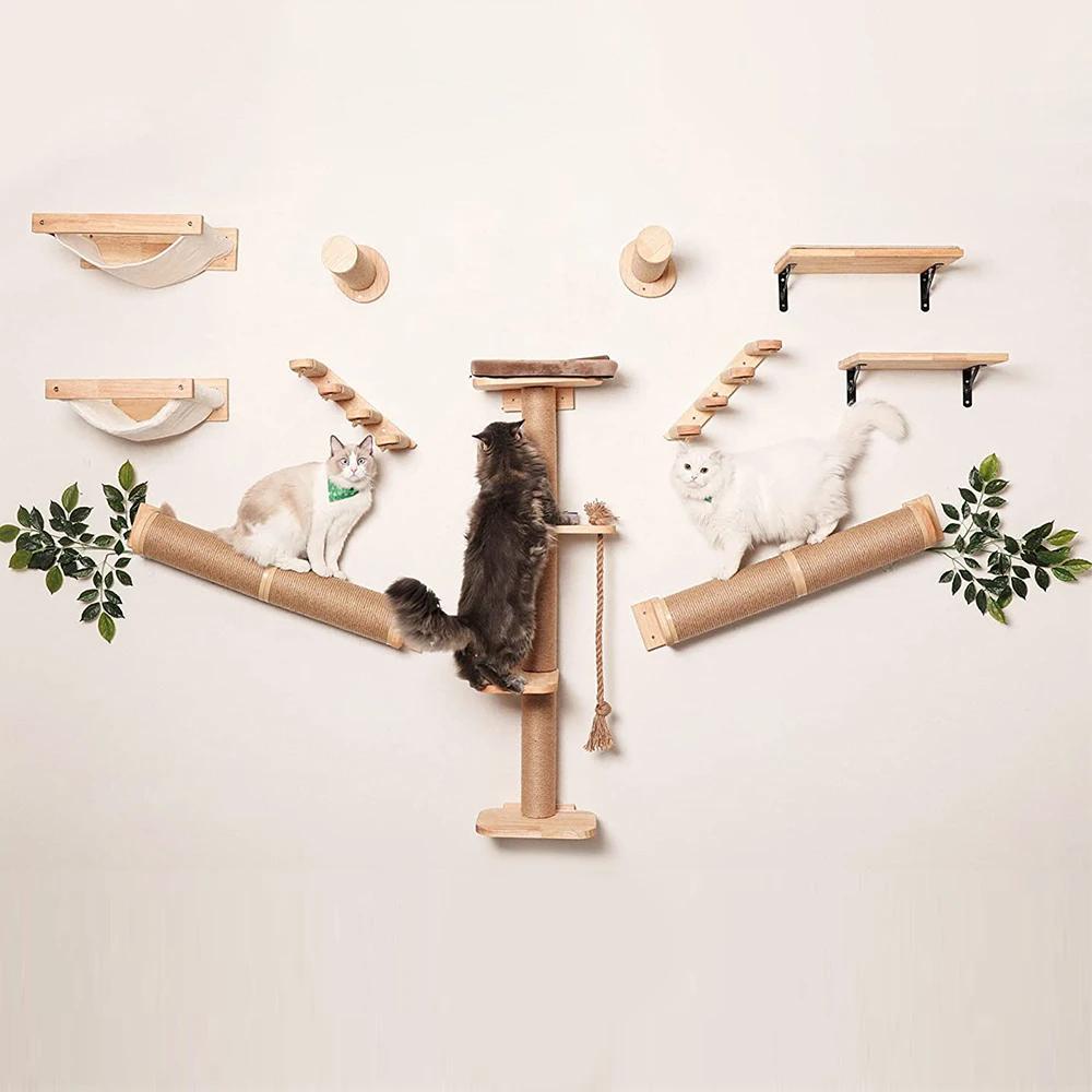 Wall Mounted Cat House Scratching Post Cat Nest Bed Perch Furniture Wood Stairway for Kitten Rest and Cat Grinding Claws