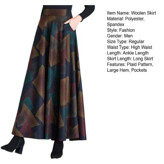 Woolen Skirt Elastic High Waist Large Hem Maxi Skirt with Pockets Plaid Pattern A-Line Autumn Winter Skirt Daily Wear