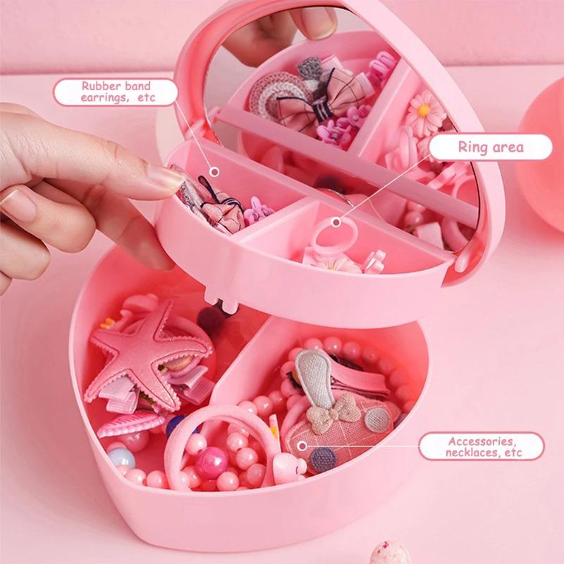 Hair Accessories Box Jewelry Storage With Mirror Pink Hair Clips Rubber Band Organiser For Girls Children Portable Travel Case