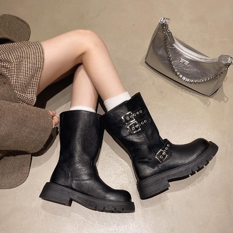 Maillard Plateau Martin Stiefel Damen 2025 Herbst und Winter neu kleine schlanke kurze Stiefel Gürtelschnalle mittelhohe Schaft Ritterstiefel