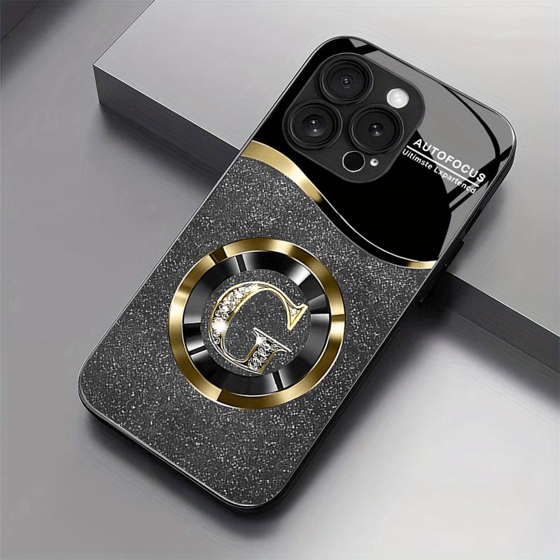 Lucky G Letter Round Logo Creative Lucky Black Golden Pattern Glass Phone Case Cover for iPhone 17 16 15 14 13 12 11 Etc