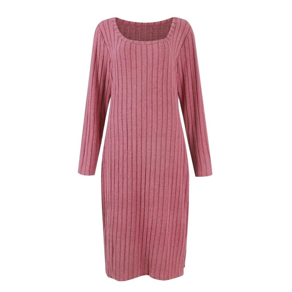 Large Size Long Sleeved Square Neck Slit Knitted Long Dress For Women