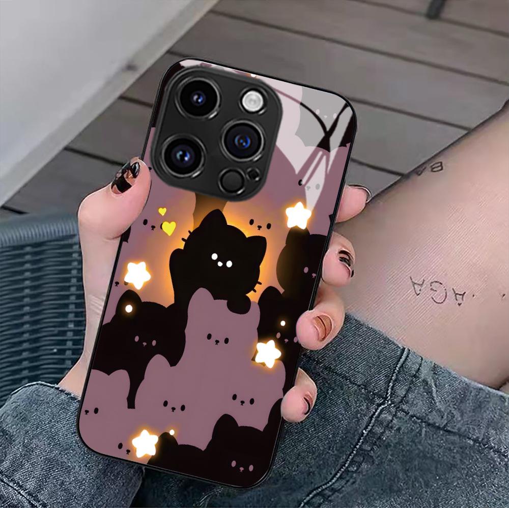 Hot-selling Cartoon Luminous Cat Mobile Phone Case iPhone17 Cute Protective Case Apple 16 All-inclusive Glass Case