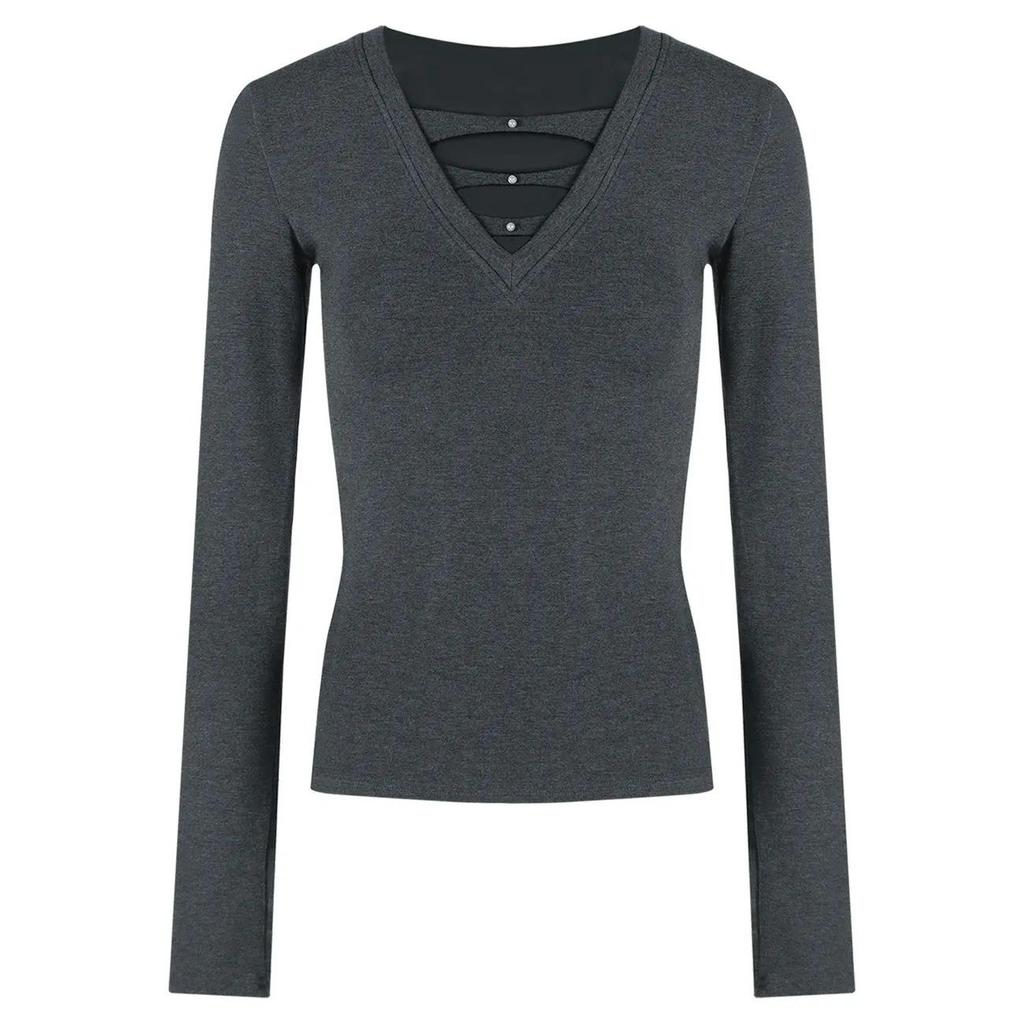 Spicy V-Neck Long-Sleeve Velvet T-Shirt Women's Slim Fit Cinched Waist Base Layer Black Top