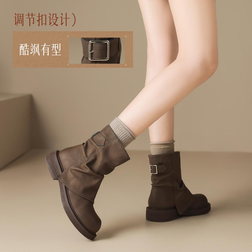 Pile Short Boots for Women 2026 New Autumn Thick Bottom Short Boots for Women Brown Boots Maillard Pants Boots