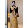 Elegant Fleece-Lined Qipao Vest Dress with Yellow Fur Collar, High-End, New Chinese Style, National Trend.