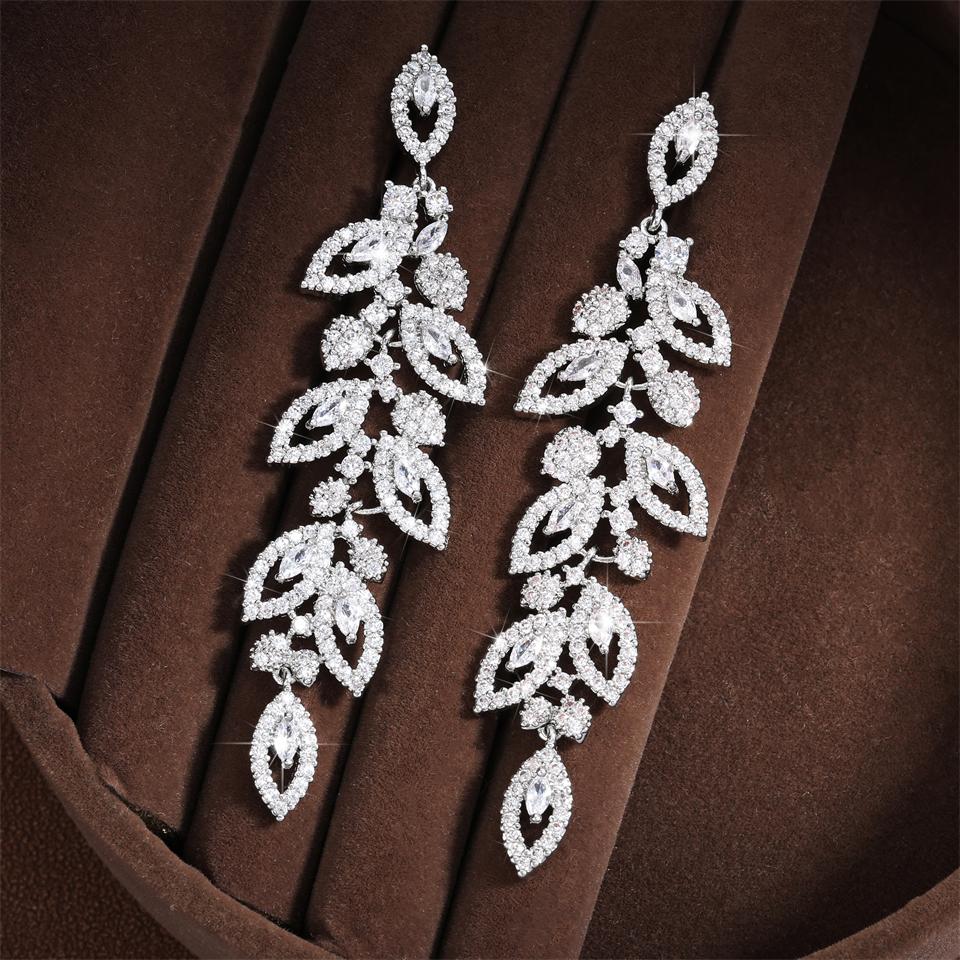 Lucky Star Jewelry Women's Zakol Luxury Shiny Zircon Polish Bridal Wedding Dange Earrings Elegant Marquise Leaf Aaa Cz Long Drop Earring Party Zircon