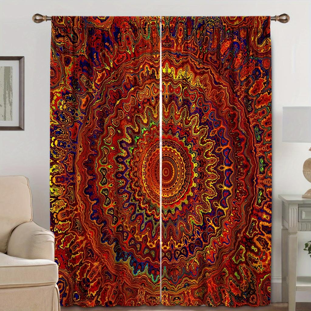 2 Stück, Böhmische Blumen Vögel Landschaft, Stangendurchzug, Digital bedruckte Vorhänge, Polyestermaterial, Geeignet für Wohnzimmer Schlafzimmer