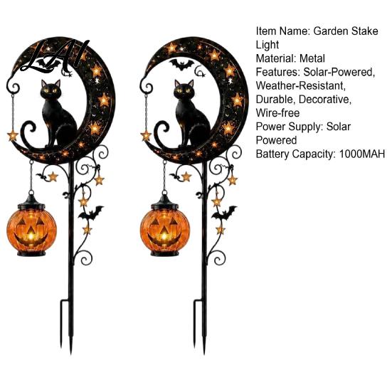 Beleuchtete Schwarze Katze Gartendekoration Halloween Solar-Erdspießlicht Metall & Kürbis Mond Wasserdichte Hängedekorationen für Rasen Terrasse Hof Weg