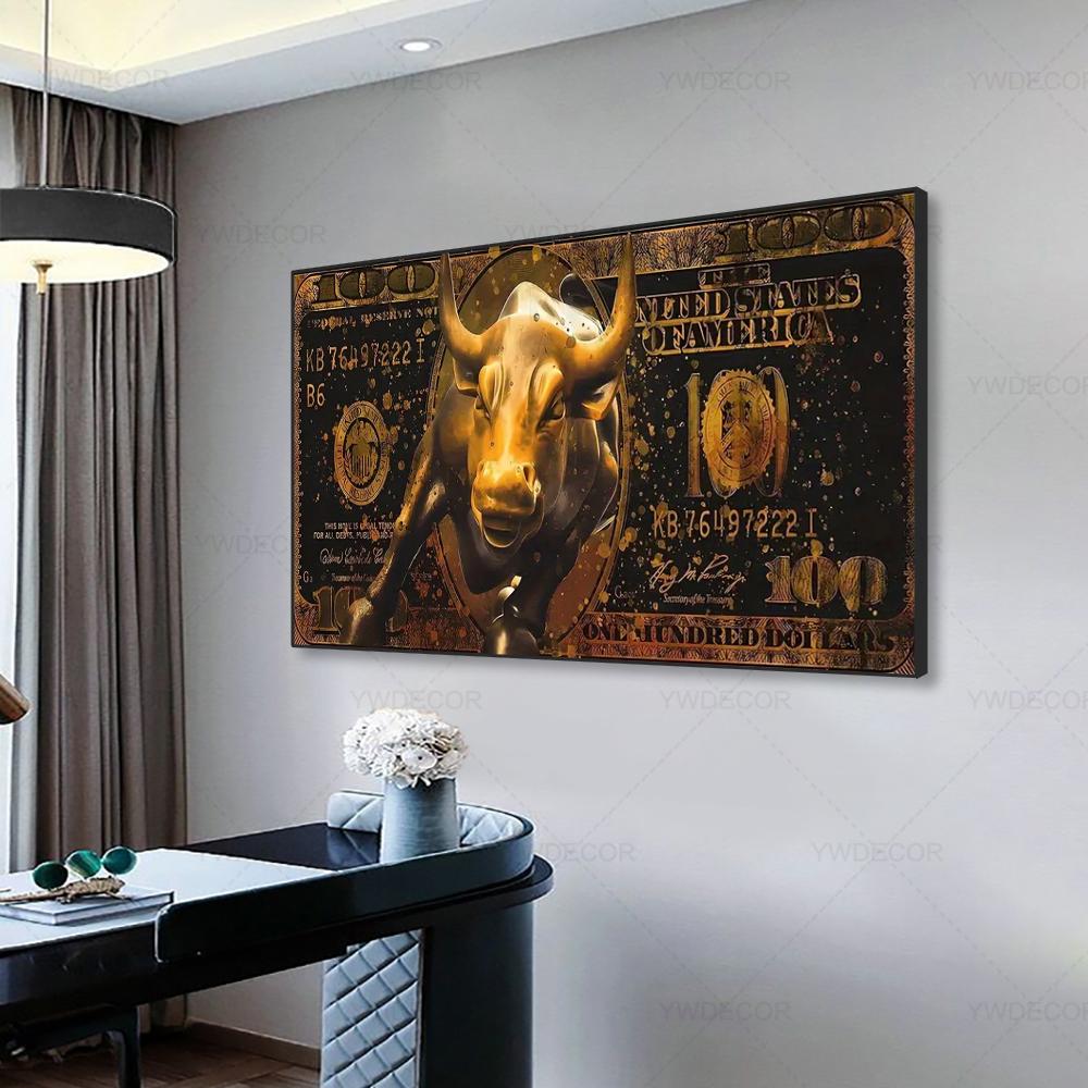 Golden Bitcoin Bull Bear Wall Street Bull Investment Wall Art Wealth Investing Poster for Room Office Decor Gift