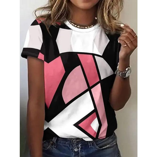 Summer Round Neck Geometric Pattern Color Block 3D Print Top Fashionable Casual Short Sleeved Women's T-shirts