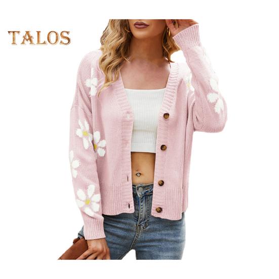 

Женское вязаное пальто с цветочным узором, свитер, кардиган с V-образным вырезом, длинным рукавом, планкой на пуговицах, трикотажная куртка L розовый