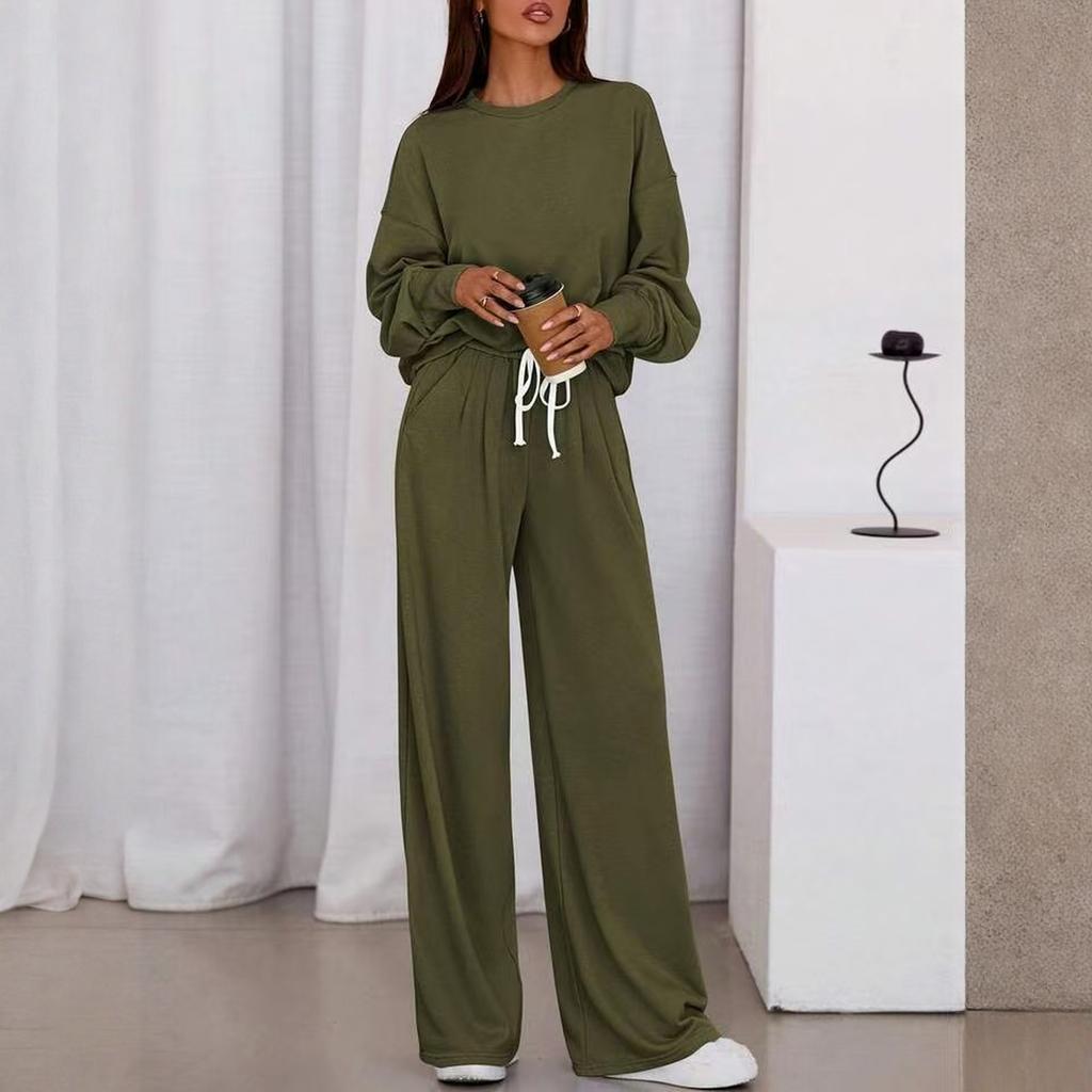 Fashion Women's Casual Suit Long Sleeved Casual Wide Leg Pants Set