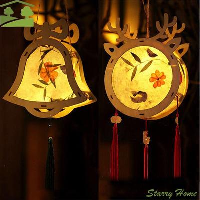 Wooden Mid-Autumn Festival Lantern LED Light Creative DIY Flower Lamp Glowing Drawing Handmade Hanging Lamp Party Decor