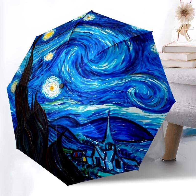 Starry Night Van Gogh-Inspired Automatic Folding Umbrella - Windproof & -Protective, 8-Rib Design, Portable for Commuting & Ou