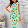 Women Plus Size Crew Neck Sleeveless Midi Dress Cyan Background Sunflower Allover Print Bodycon Dress