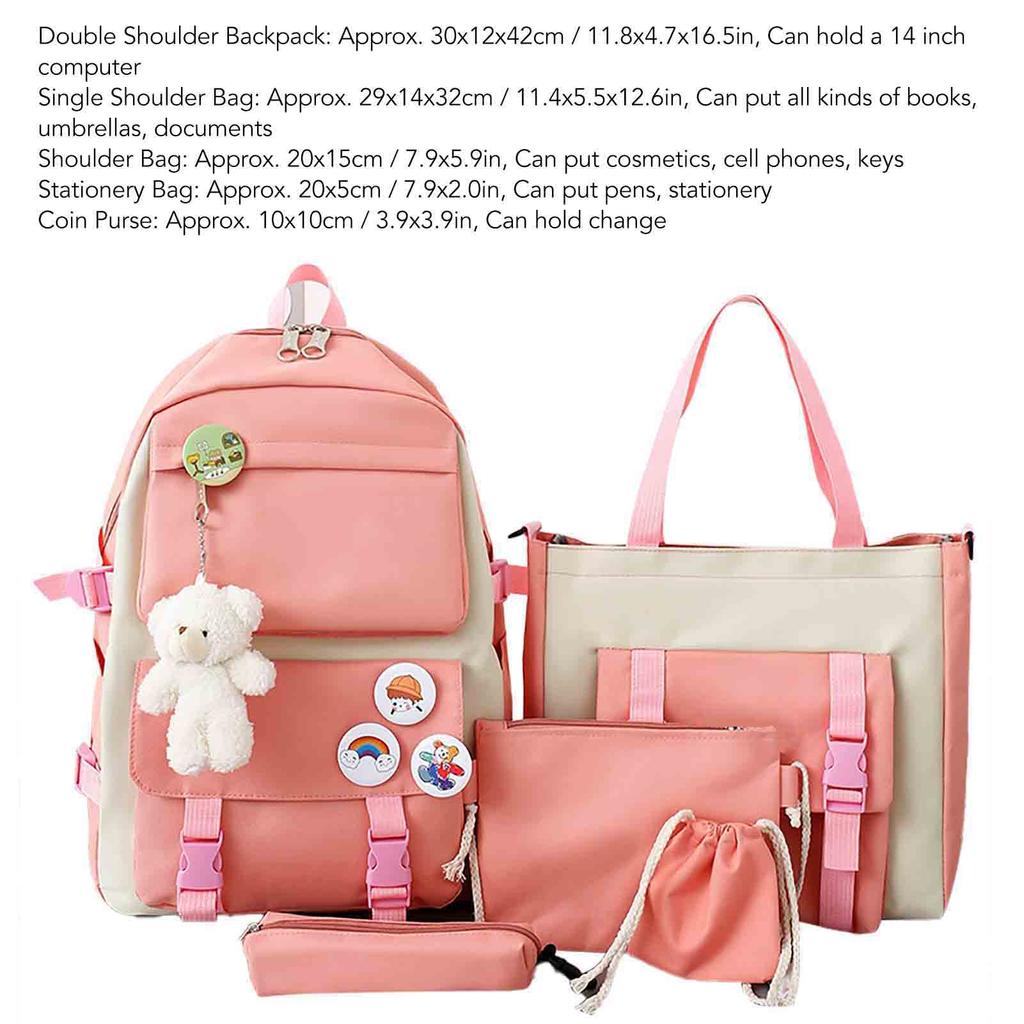 5Pcs School Bags Set Large Capacity Shoulder Bag Stationery Bag Coin Purse Canvas Student Bags Set for Boys Girls Pink