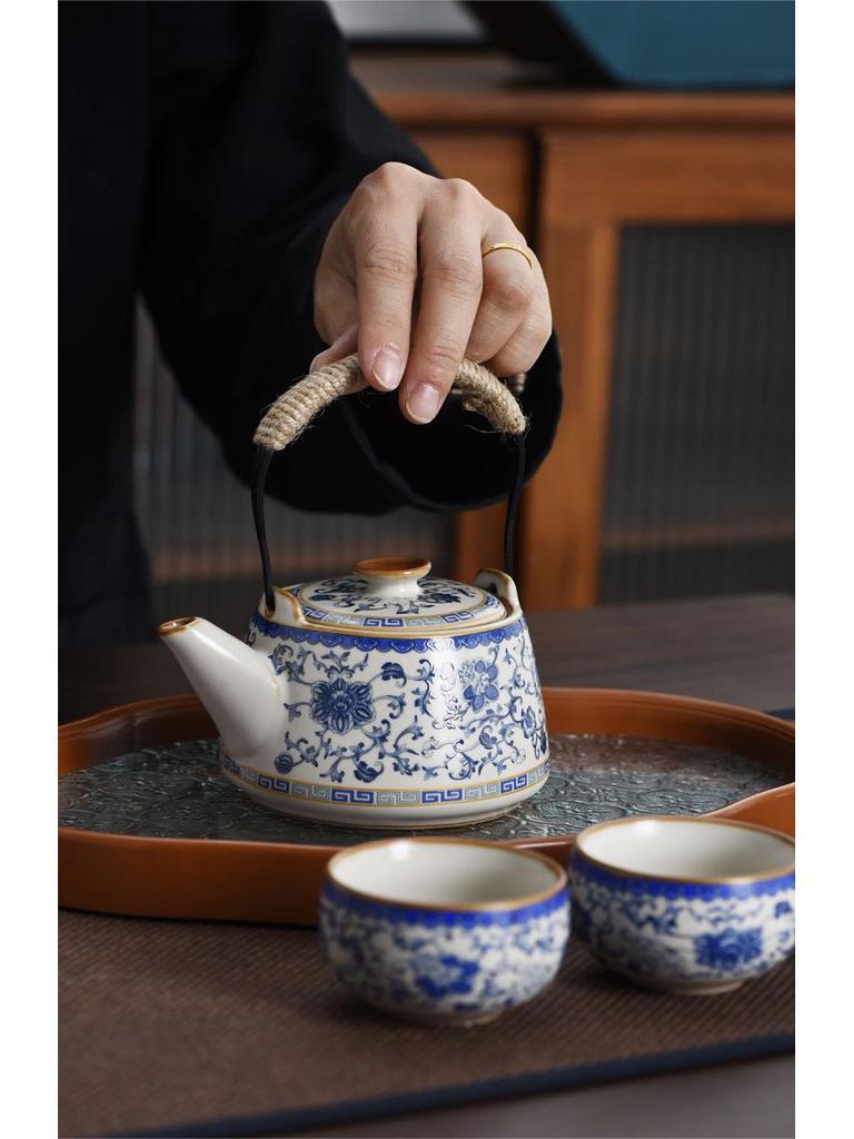 Ru Kiln Lotus Scroll Kung Fu Tea Set – Blue & White Ceramic Teapot Gift Box with Logo