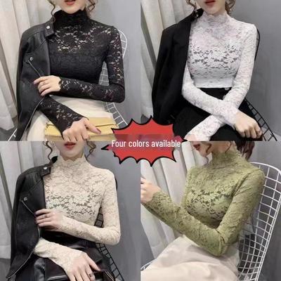 Top met hoge kraag, kant en mesh, lange mouwen - Trendy herfst-/winterstijl voor dames