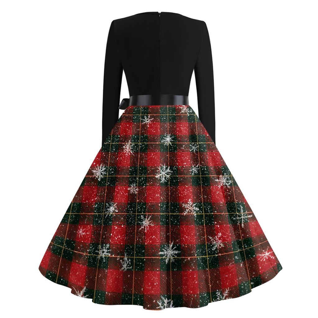 Damen Vintage Weihnachtsaufdruck Langarm Rundhals Partykleid für Feiertagspartys