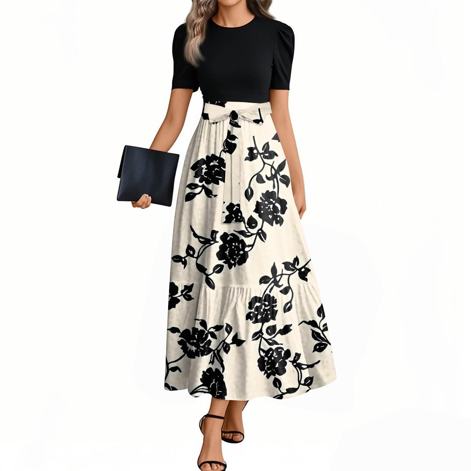 

Женские модные повседневные платья с поясом, короткими рукавами и круглым вырезом, с принтом, элегантные, темпераментные XXL бежевый