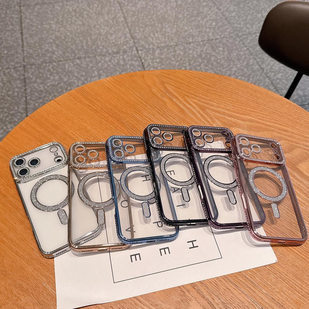 Diamond Electroplating Transparent Tpu Suitable for iPhone17 Mobile Phone Case Magsafe Glitter Magnetic Suction Apple 16 Protective Case