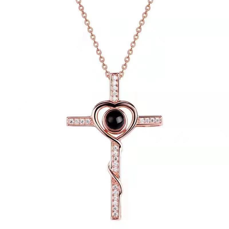 100 Languages 'I Love You' Projection Cross Necklace - Titanium Steel and Copper Clavicle Chain Pendant