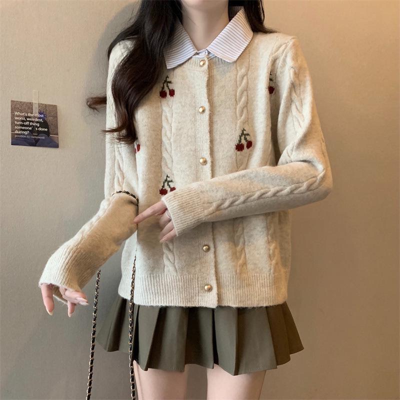 Women's Slimming Polo Neck Cardigan Sweater - College Style Short Knitwear for Spring/Autumn 2025
