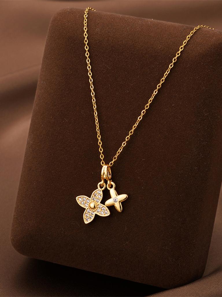 Fashion Micro-Set Four-Leaf Clover Double Pendant Titanium Steel Necklace for Women Gold Plated Non-Fading Ladies Clavicle Chain