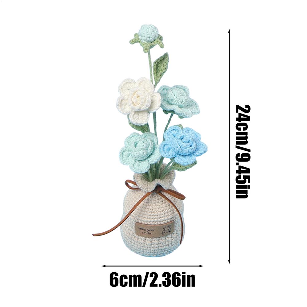 Crochet Flowers Handmade Knit Crocheted Roses With Pot Flower Crochet Desk Decorations Small Potted Plants Desk Flowers For Car