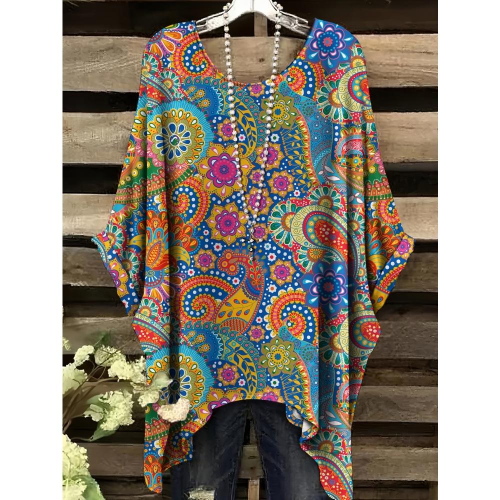 Sommer Damen T-Shirt Ethnischer Stil Gedruckter Frack Rundhalsausschnitt Lässig Bequem Y2k T-Shirt Vintage Damen Kurzarm-T-Shirt