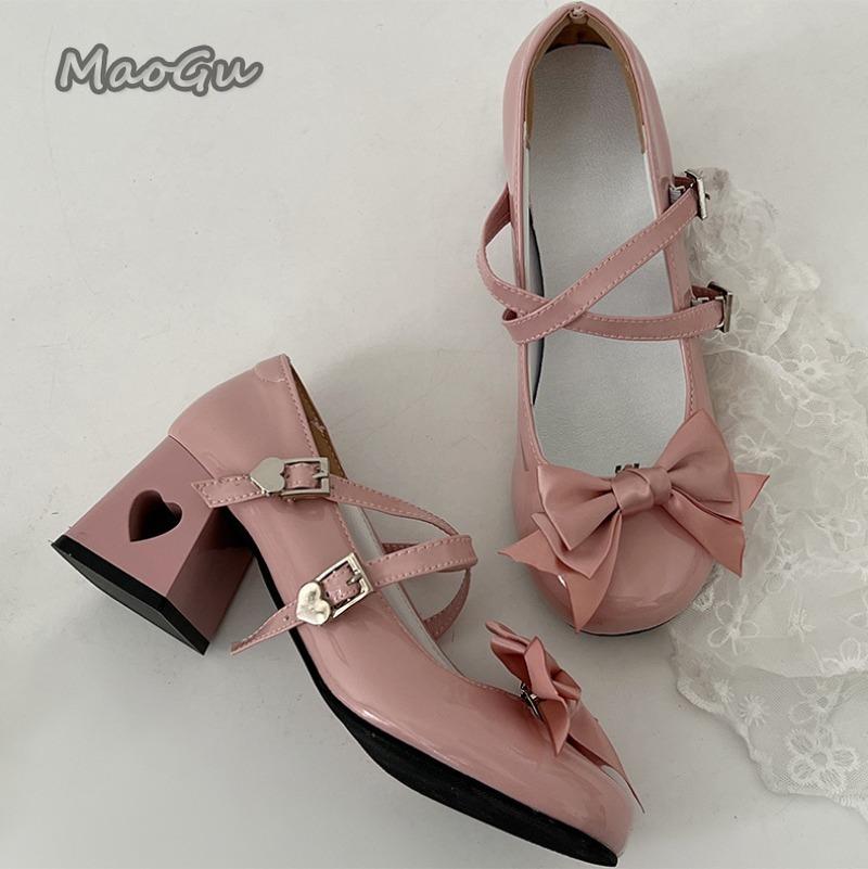 Mode Mode Mary Janes Schuhe für Damen Frühling Herbst Leder High Heel Pumps Damen Seidenschleife Knöchelriemen Partykleid Lolita Schuhe