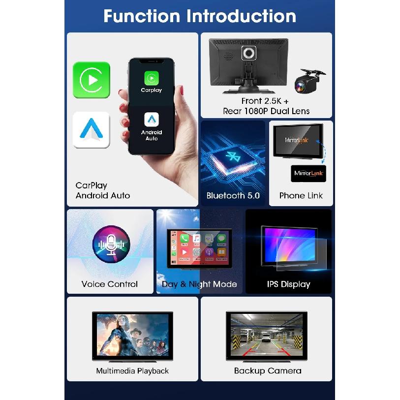 Srnubi 2.5K 9 inch Dash Cam Car DVR Wireless Carplay&Android Auto GPS Navigation Video Recorder Dashboard Dual Lens Wifi FM AUX