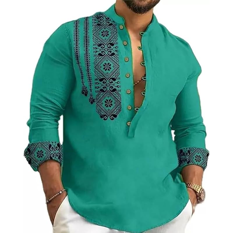 Deelmo Men' Cotton Blend Mandarin Collar Self One Design Full Sleeve Casual Short Kurta (Large, Rama)
