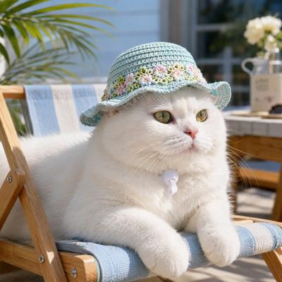 Haustier-Strohhut, Bestickter Sommer-Katzenhut mit Blumenmuster, Gewebter Haustier-Sonnenhut mit welliger Kante und verstellbarem Riemen für Katzen und kleine Hunde