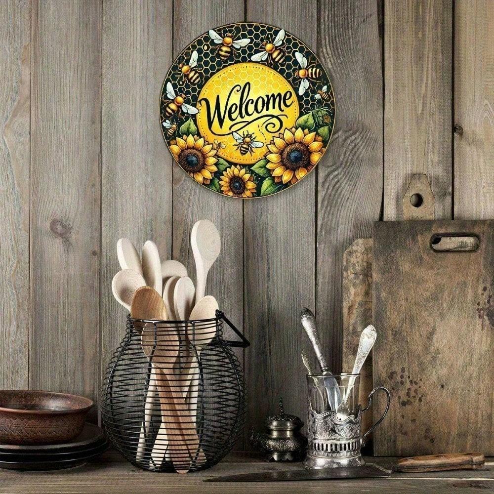 Vintage Bee Welcome Wreath Metal Wall Sign 8x8 Inch Rustic Aluminum Decor Outdoor Plaque For Front Door Porch Home