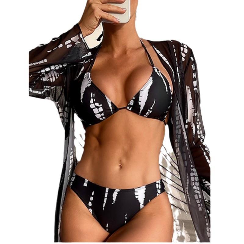 Dreiteiliges Bikini-Set im europäischen und amerikanischen Stil 2024 mit langärmeligem Sonnenschutz aus Mesh für Urlaub und heiße Quellen.