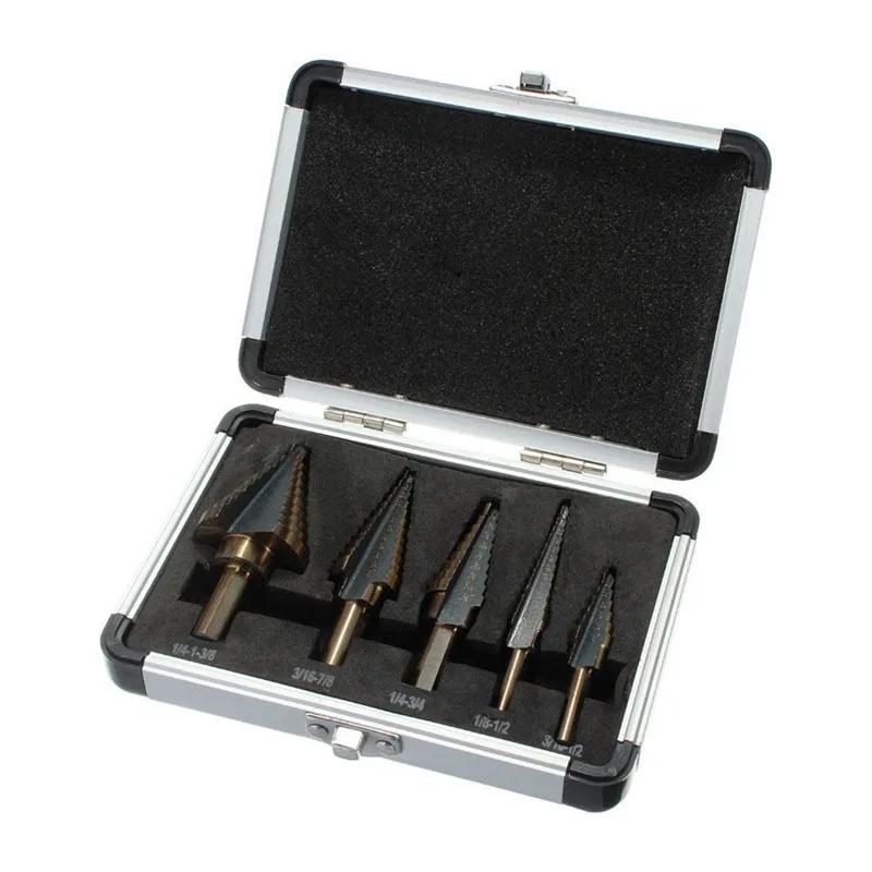 5pc British System Roasted Yellow Triangular Straight Groove Step Drill Blackened Pagoda Drill Hole Opener Aluminum Box Tool