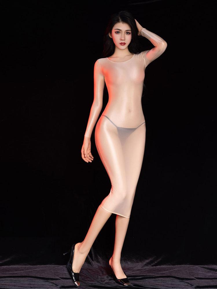 Sexy Women Sheer See Through Bodycon Micro Mini Dress Oil Glossy Shiny Tight Dress Female Glossy High Elastic Hip Up Dress