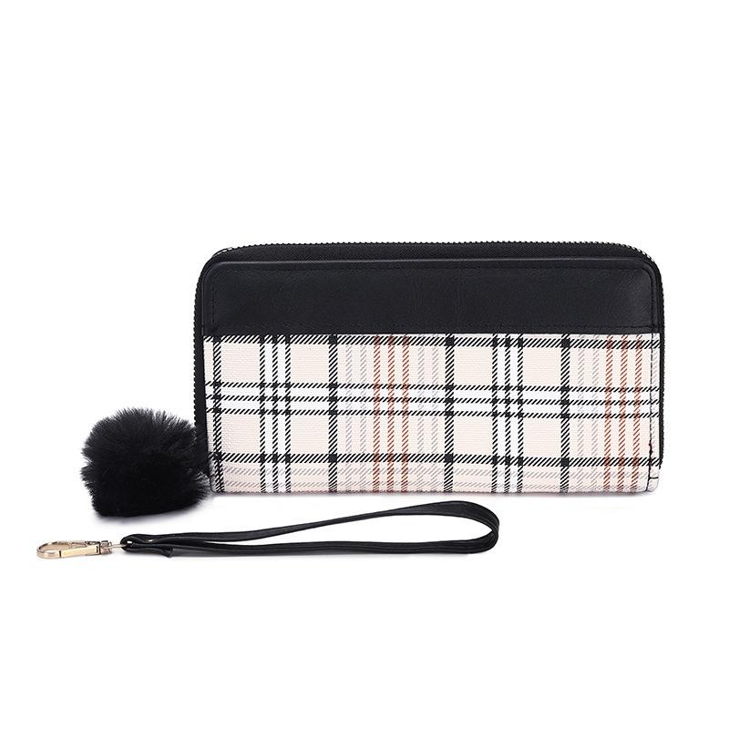 Women's Long Wallet Autumn and Winter New White Plaid Clutch Bag Color Scheme Single Hair Ball Change Bag One Piece Hair