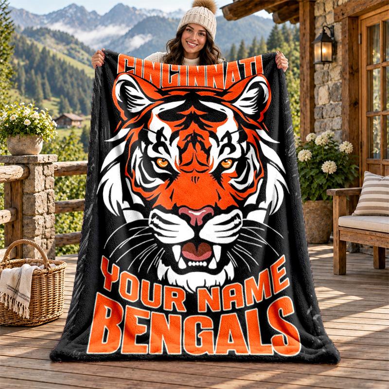 Cincinnati Bengals Custom Name Flannel Blanket Personalized Soft Warm Plush Throw Blanket Customized Gift for Family Friends