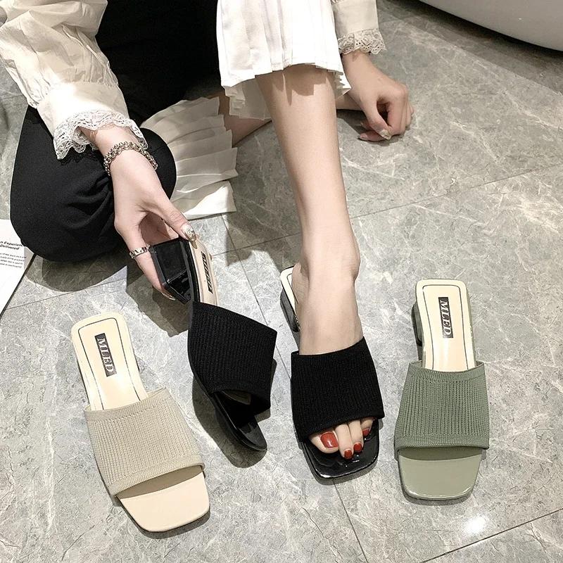 Women's Shoes Slippers Outdoor 2024 Summer Knitted Stretch Open Toe Thick-soled Heels Half-drag Sandals Ladies Footwear
