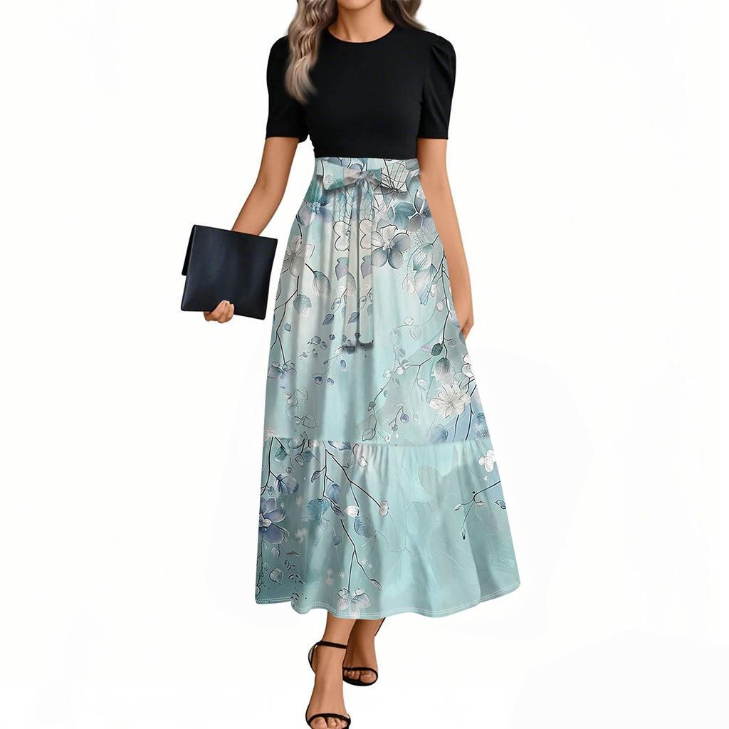 Women's Elegant Fashion Floral Print Belted Short Sleeve Round Neck Splicing Casual Dress
