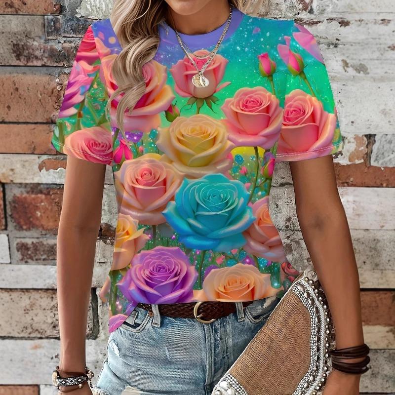 Heart Love Graphics T-Shirts Floral 3D Print Women's Casual Short Sleeves O-Neck T Shirt Y2k Harajuku Tees Tops