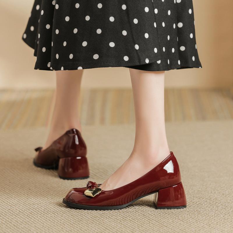Mary Jane Women's Shoes Bow Love Thick Heel Round Head Light Mouth Single Shoes with Skirt Shoes