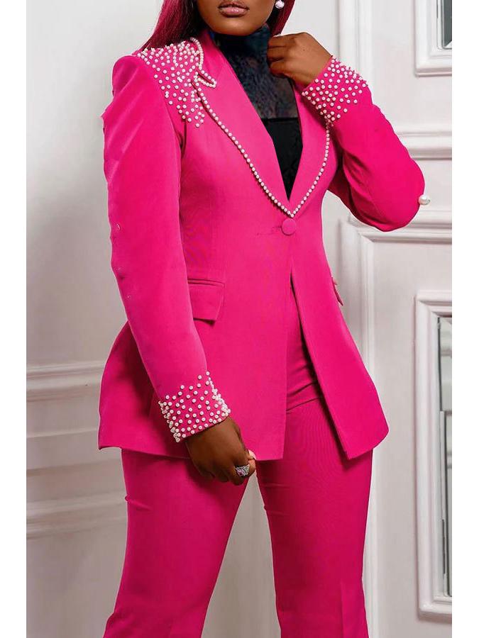 European & American Style Pearl Long Sleeve Slim Fit Stretch Suit Set