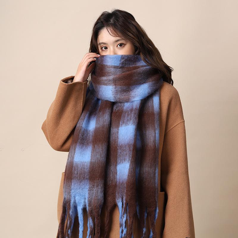 Plaid Large Scarf Women's Winter Warm Windproof Thickened Mohair Fringed Velvet Scarf Versatile Shawl Men